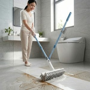 Người đang vệ sinh nhà tắm nhanh mà không mệt bằng cây chà sàn cán dài