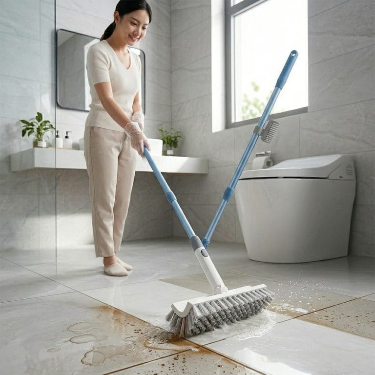 Người đang vệ sinh nhà tắm nhanh mà không mệt bằng cây chà sàn cán dài