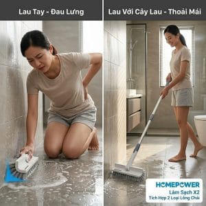 Người đang chà sàn nhà tắm bằng cây chà cán dài giúp giảm đau lưng