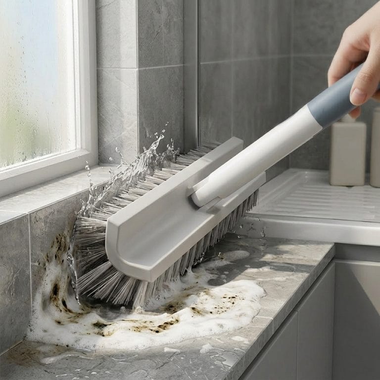 Góc tường nhà tắm khó làm sạch đang được chà bằng cây chà sàn chữ V