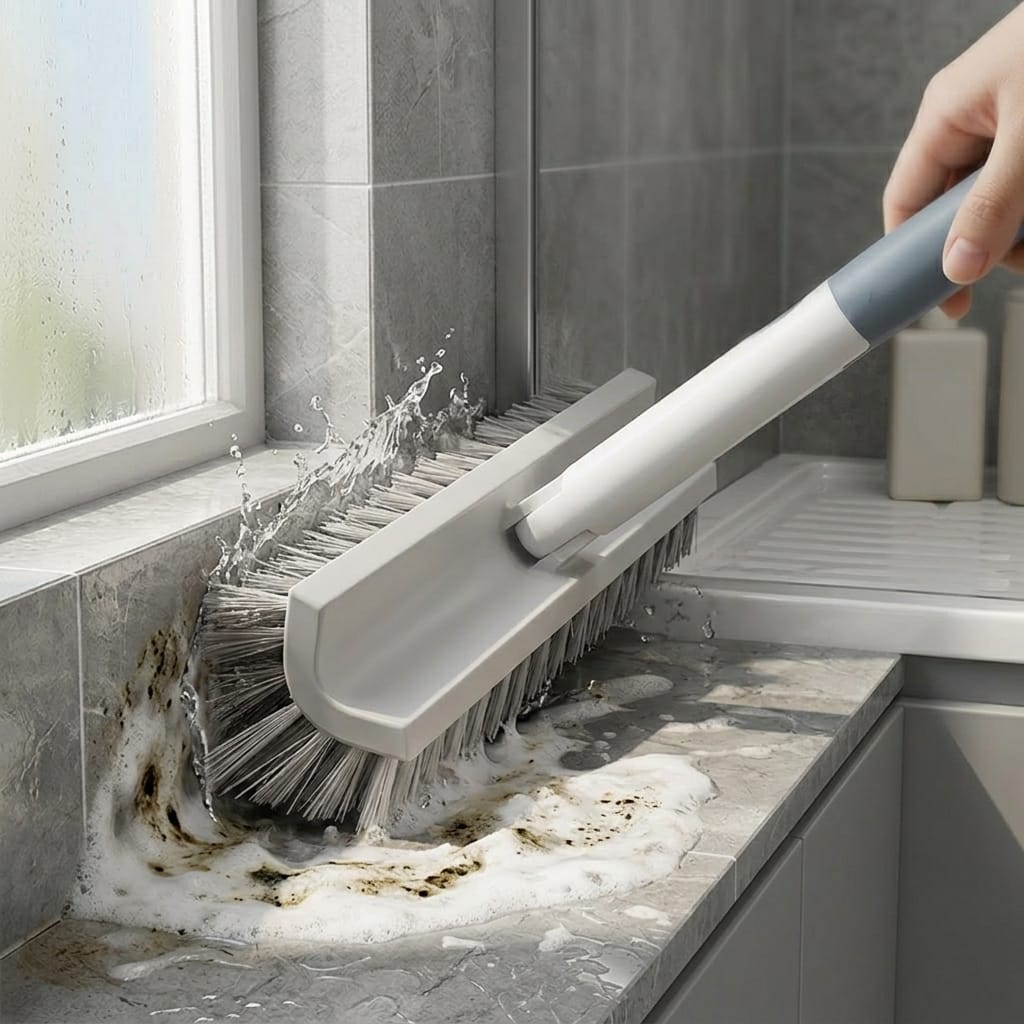 Góc tường nhà tắm khó làm sạch đang được chà bằng cây chà sàn chữ V