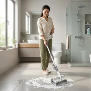 Người dùng cây chà sàn có cán dài để vệ sinh nhà tắm dễ dàng hơn