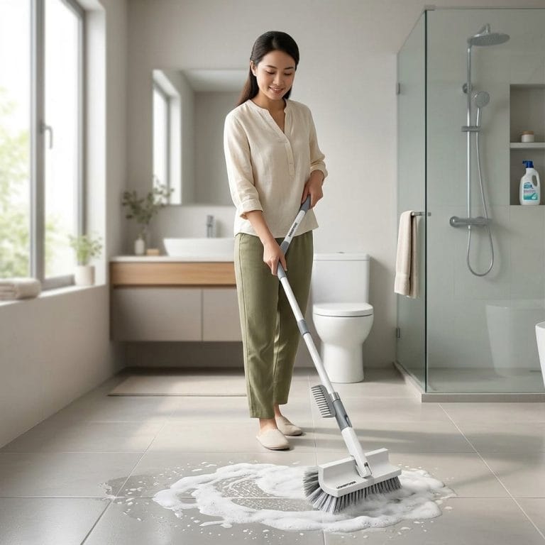 Người dùng cây chà sàn có cán dài để vệ sinh nhà tắm dễ dàng hơn