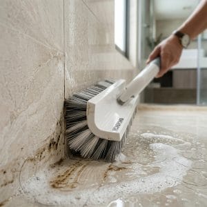 Cây chà sàn chữ V đang làm sạch góc tường và khe gạch nhà tắm