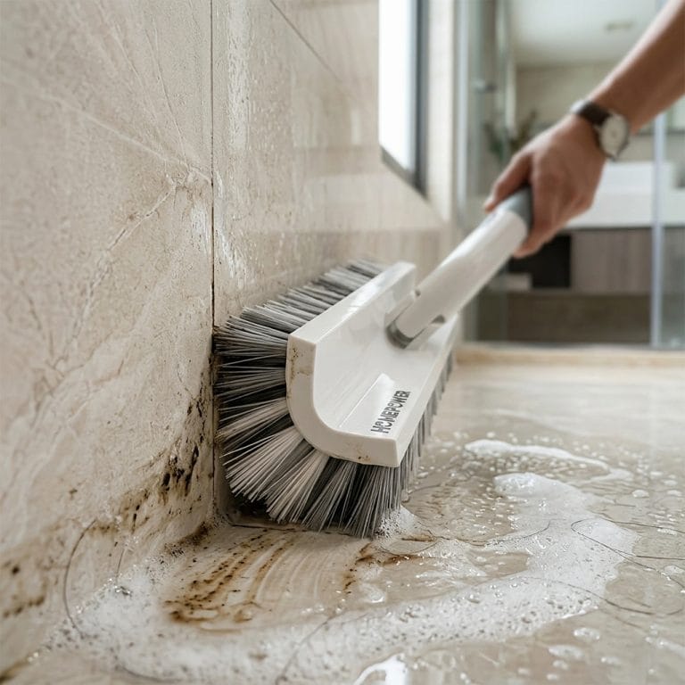 Cây chà sàn chữ V đang làm sạch góc tường và khe gạch nhà tắm