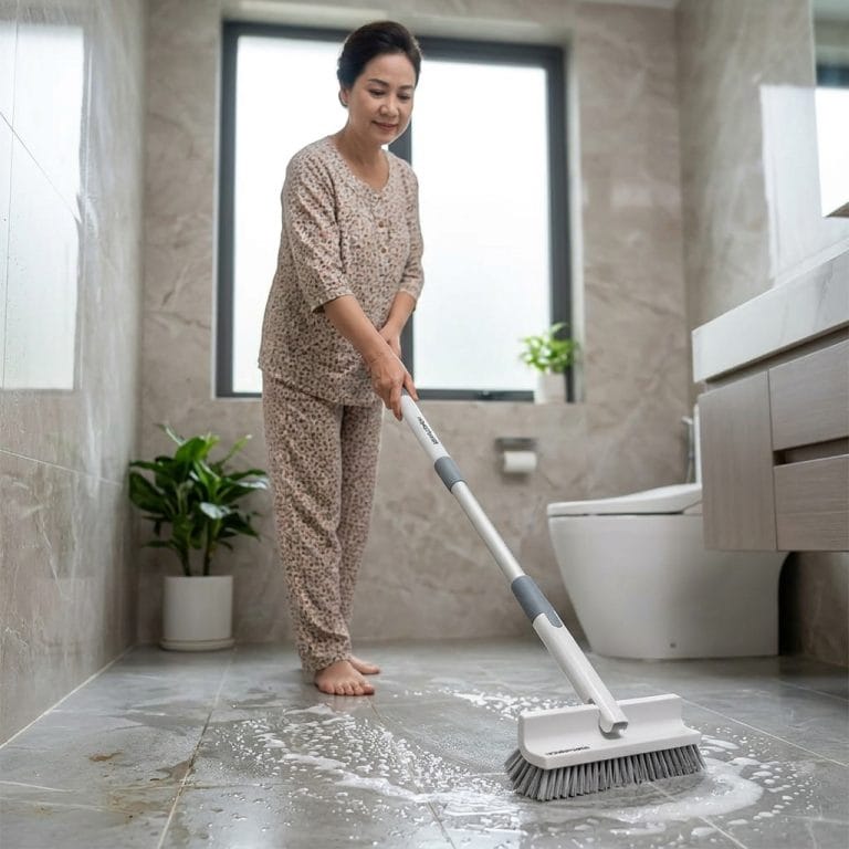 Người dùng cây chà sàn cán dài dễ dùng để vệ sinh nhà tắm