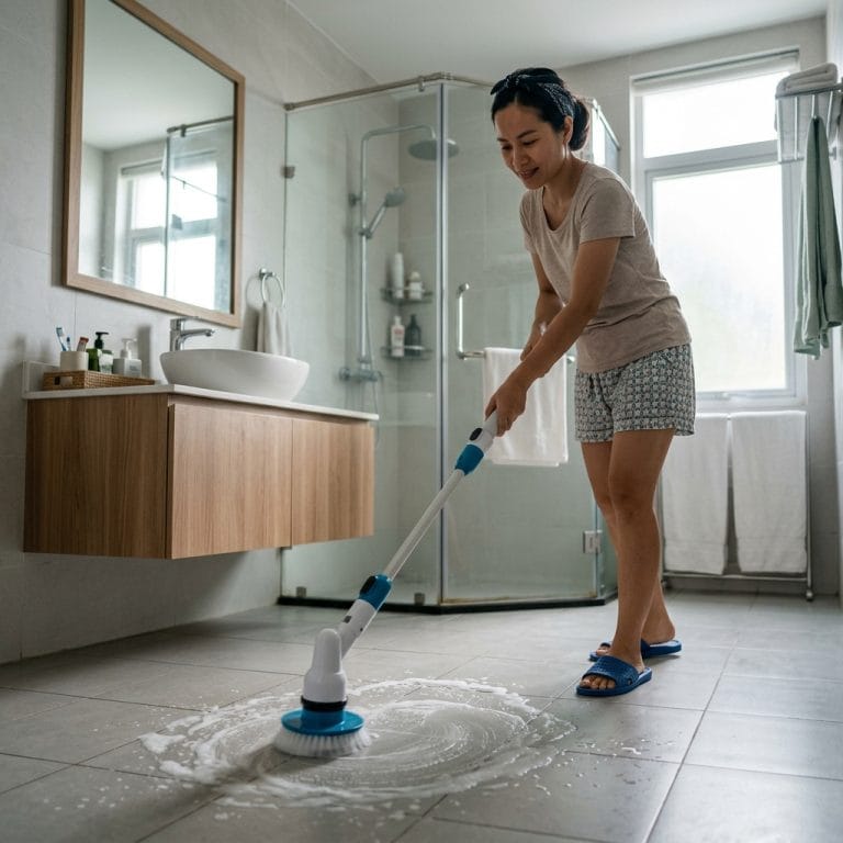 Người dùng cây chà sàn để vệ sinh nhà tắm nhanh và dễ dàng hơn