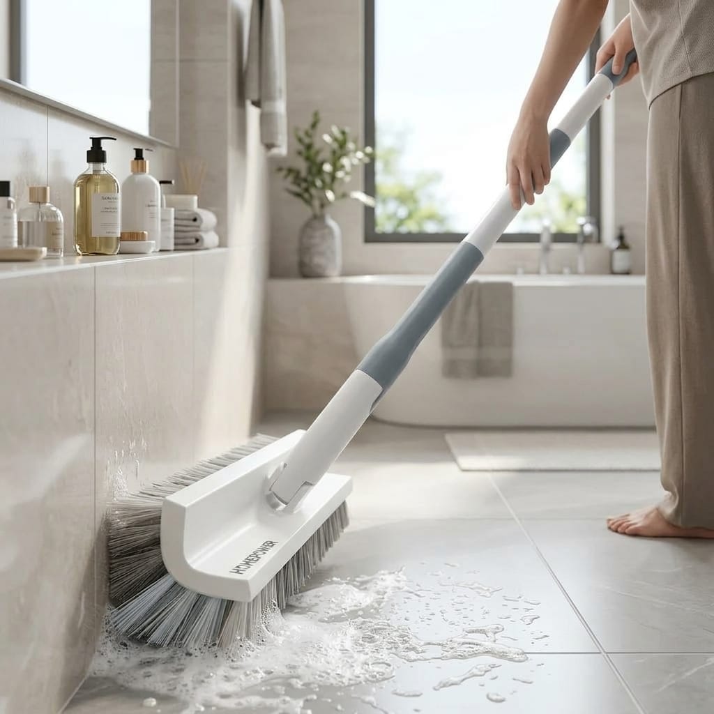 Người dùng cây chà sàn cán dài để vệ sinh nhà tắm mà không phải cúi nhiều