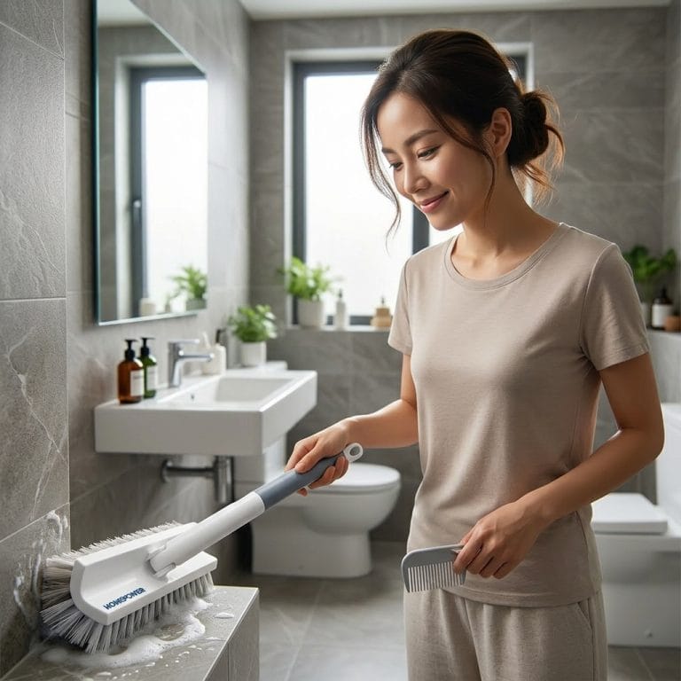 Người dùng cây chà sàn cán dài để vệ sinh nhà tắm thoải mái hơn