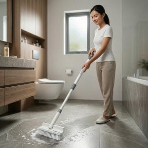 Người dùng cây chà sàn để vệ sinh nhà tắm nhanh và nhẹ nhàng hơn