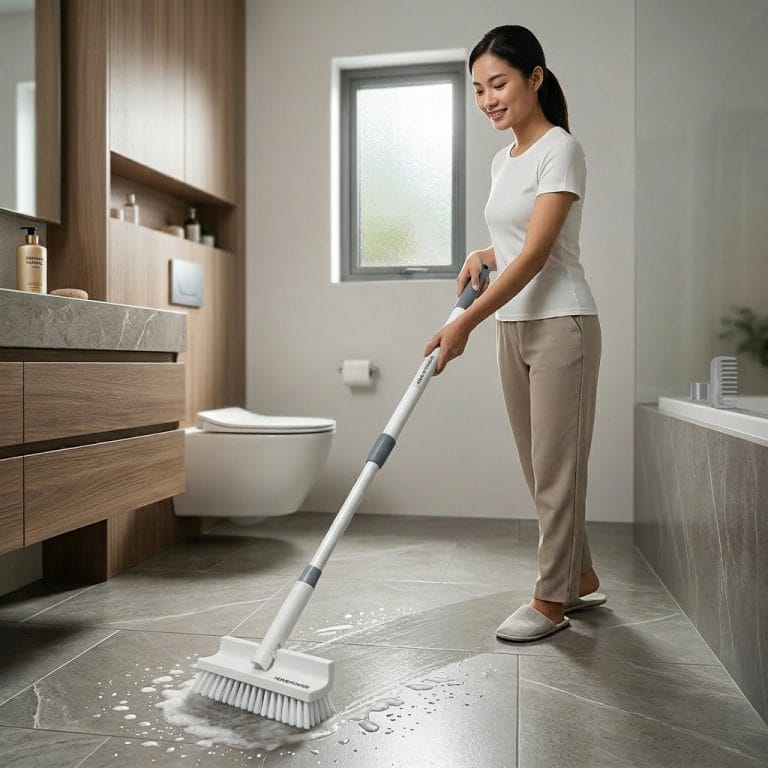 Người dùng cây chà sàn để vệ sinh nhà tắm nhanh và nhẹ nhàng hơn