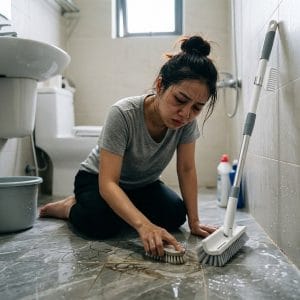 Người phụ nữ mệt khi chà nhà tắm và vệ sinh sàn nhà tắm