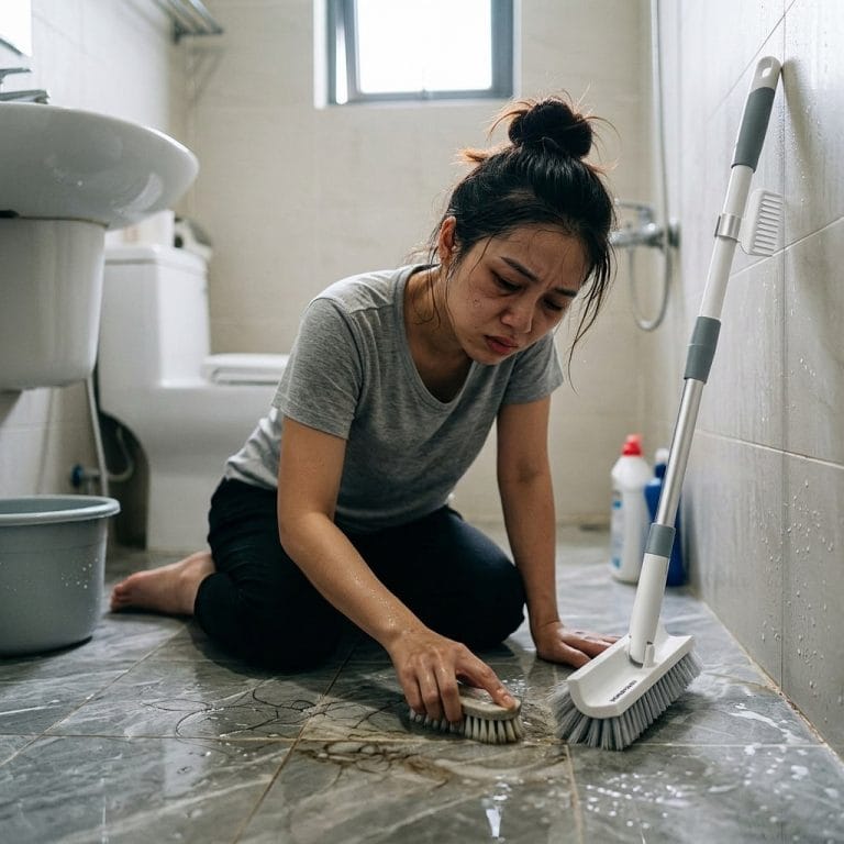 Người phụ nữ mệt khi chà nhà tắm và vệ sinh sàn nhà tắm