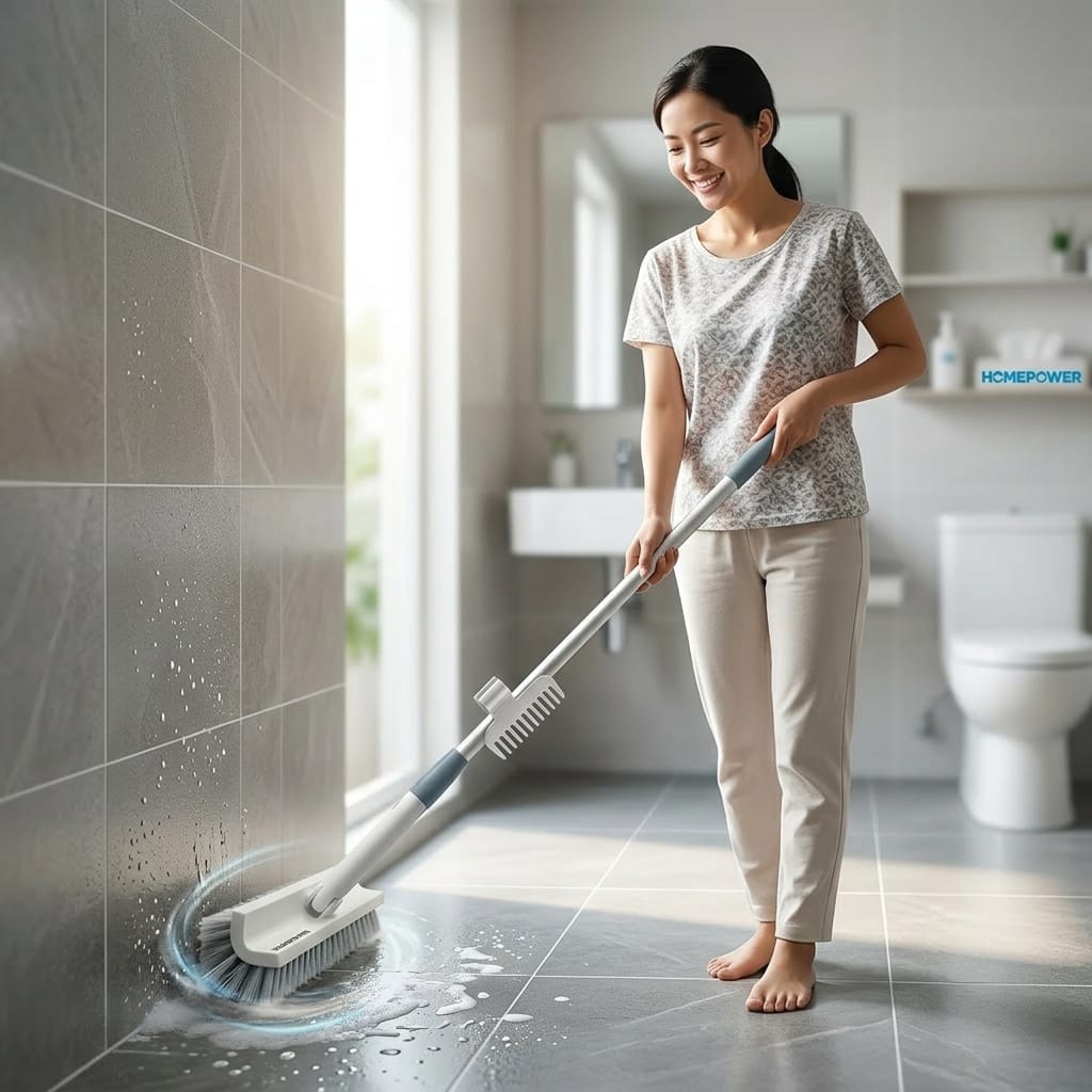 Người phụ nữ dùng cây chà sàn cán dài để vệ sinh nhà tắm thoải mái hơn
