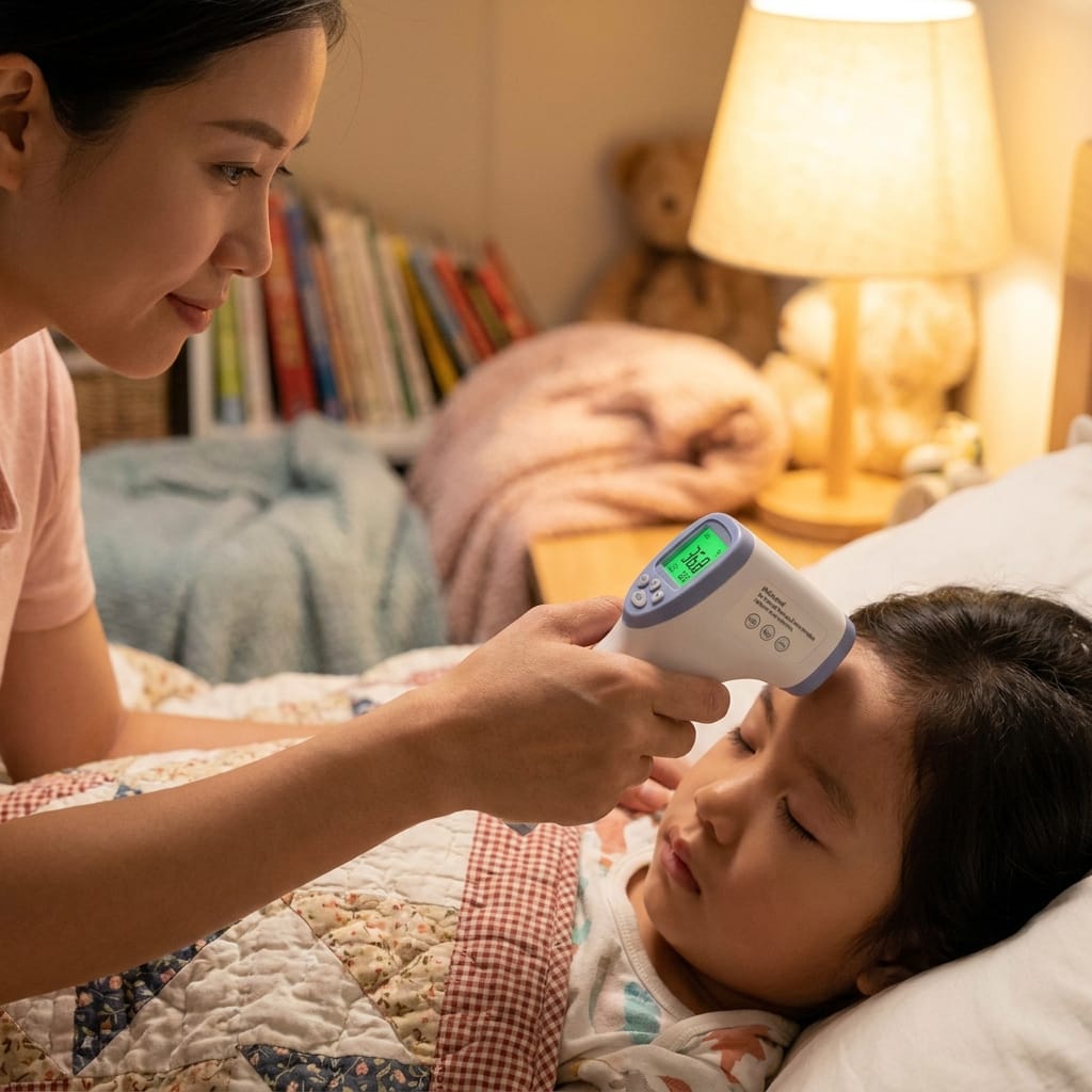 Mẹ dùng nhiệt kế hồng ngoại kiểm tra nhiệt độ cho trẻ bị sốt