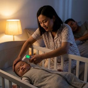 Đo nhiệt độ cho bé đang ngủ bằng nhiệt kế hồng ngoại tại nhà