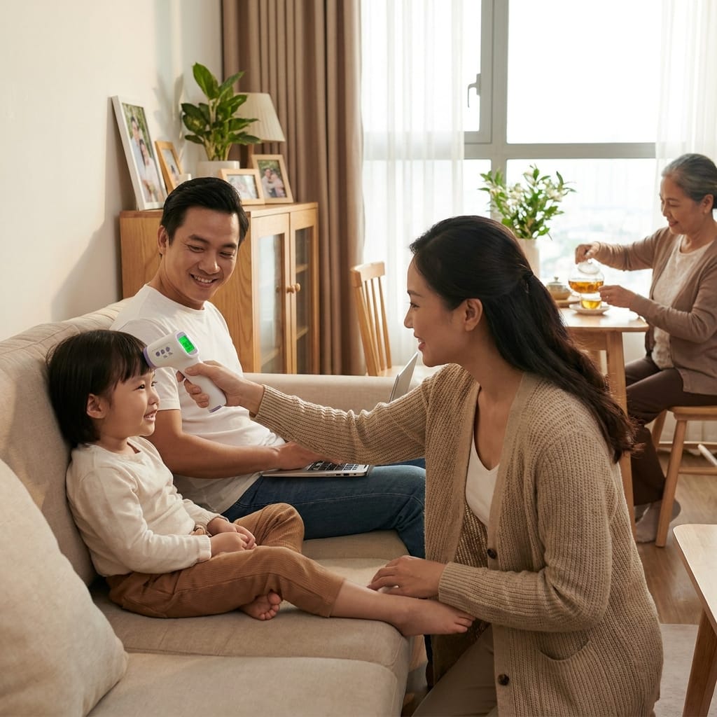 Gia đình dùng nhiệt kế hồng ngoại theo dõi nhiệt độ tại nhà nhanh chóng