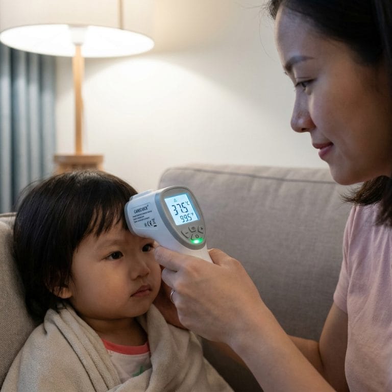 Phụ huynh dùng nhiệt kế hồng ngoại đo thân nhiệt cho trẻ tại nhà