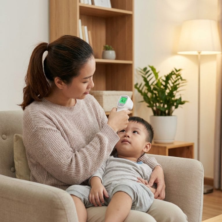 Người dùng kiểm tra nhiệt độ bằng nhiệt kế đo trán tại nhà dễ dàng