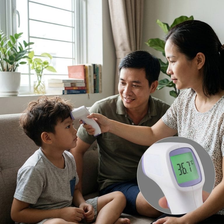 Gia đình sử dụng nhiệt kế điện tử hồng ngoại đo nhanh tại nhà