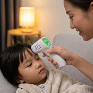 Phụ huynh dùng nhiệt kế CKT 1502 đo nhiệt độ cho trẻ tại nhà