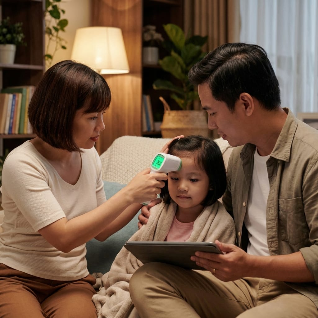 Gia đình sử dụng nhiệt kế hồng ngoại đo trán tại nhà dễ dàng
