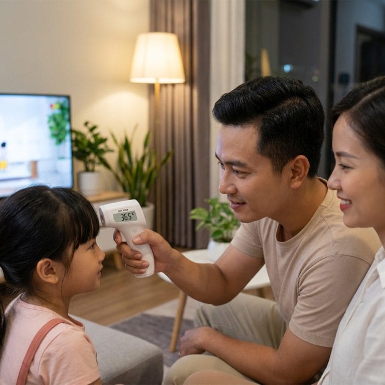 Gia đình sử dụng nhiệt kế CKT 1502 để đo nhiệt độ tại nhà