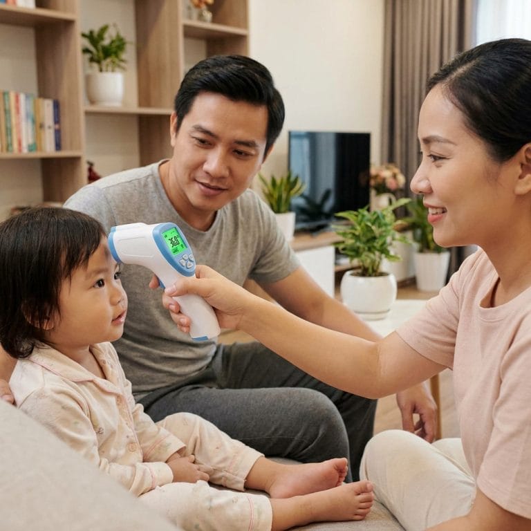 Gia đình sử dụng nhiệt kế điện tử hồng ngoại giá phổ thông tại nhà