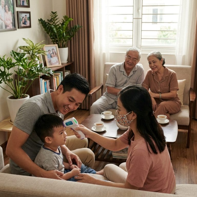 Gia đình sử dụng nhiệt kế hồng ngoại để theo dõi nhiệt độ tại nhà