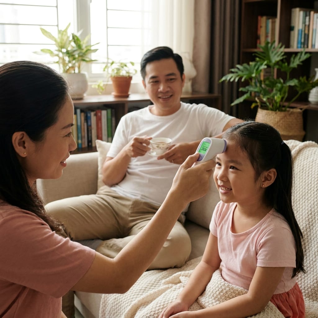 Gia đình sử dụng nhiệt kế đo trán điện tử tại nhà tiện lợi