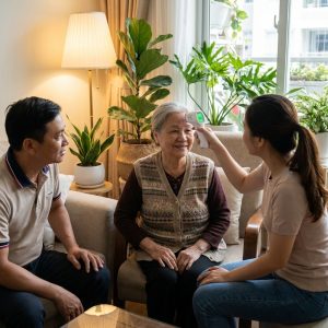 Người lớn tuổi sử dụng nhiệt kế điện tử đo trán tại nhà dễ dàng