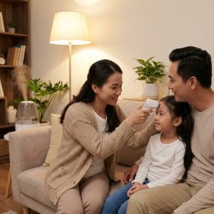 Gia đình sử dụng nhiệt kế hồng ngoại tại nhà tiện lợi và nhanh chóng