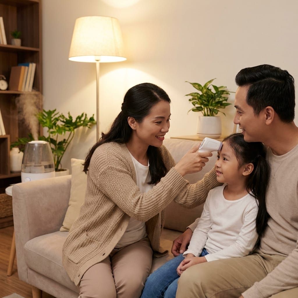Gia đình sử dụng nhiệt kế hồng ngoại tại nhà tiện lợi và nhanh chóng