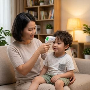 Gia đình sử dụng nhiệt kế CKT hồng ngoại tại nhà thực tế