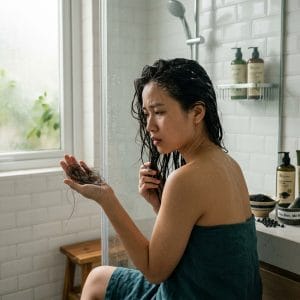 Người phụ nữ lo lắng vì tóc rụng nhiều khi gội đầu trong phòng tắm