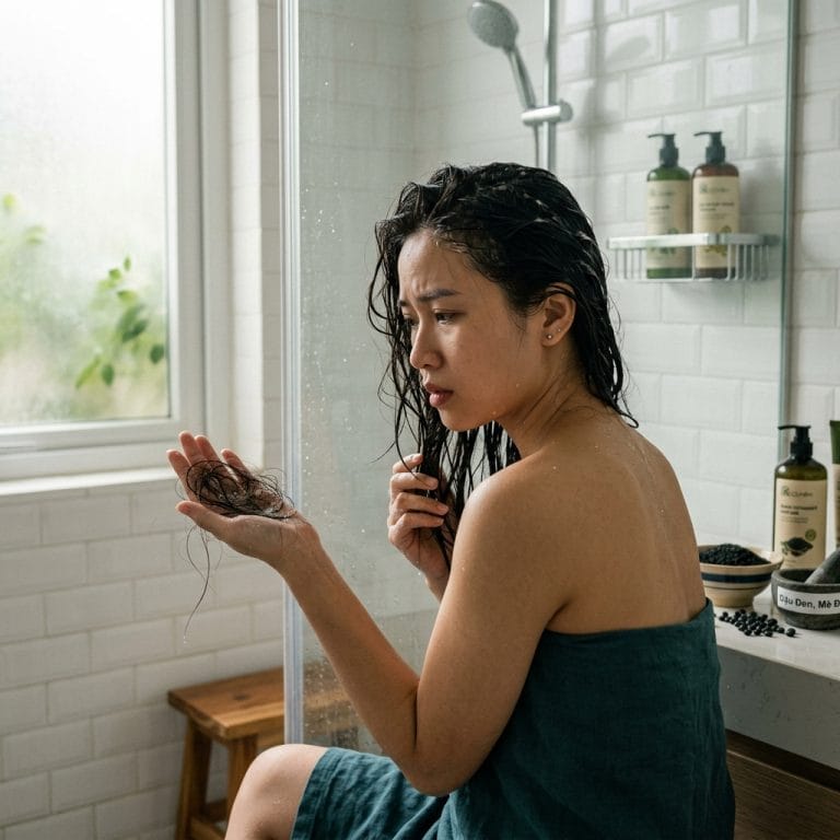 Người phụ nữ lo lắng vì tóc rụng nhiều khi gội đầu trong phòng tắm