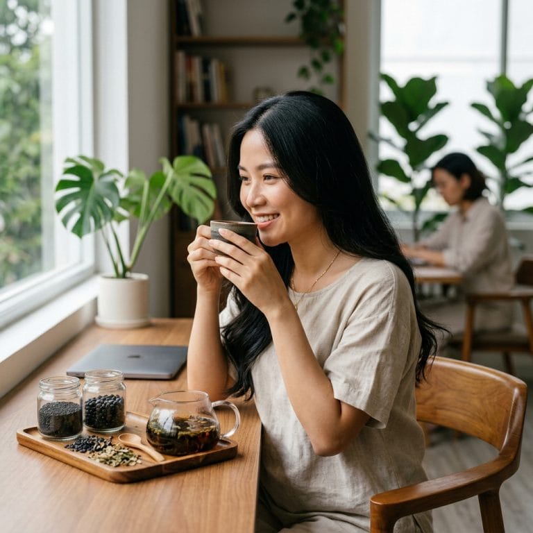 Người phụ nữ tóc bóng khỏe đang uống trà dưỡng tóc từ nguyên liệu tự nhiên