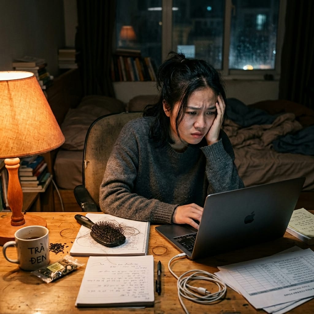 Người phụ nữ thức khuya lo lắng vì tóc rụng nhiều và tóc yếu