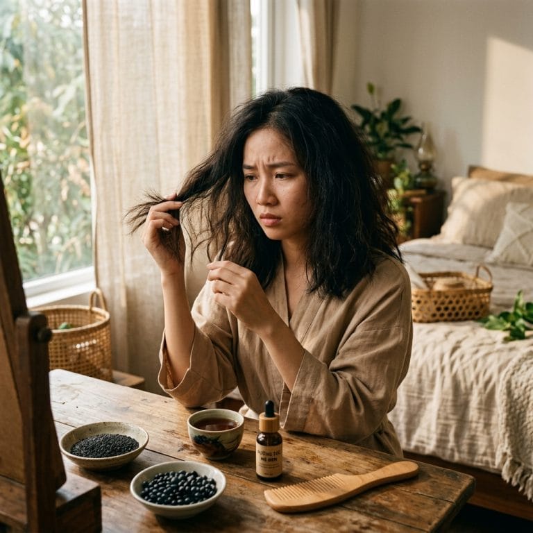 Người phụ nữ chạm vào mái tóc khô xơ và dễ gãy trong phòng ngủ