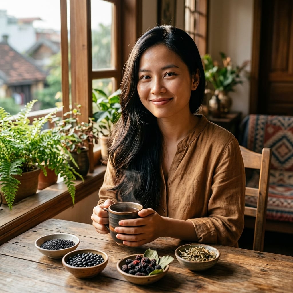 Người phụ nữ có mái tóc đen bóng khỏe đang uống trà thảo mộc tự nhiên