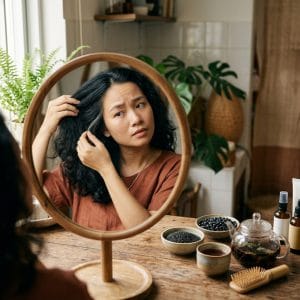 Người phụ nữ trẻ lo lắng khi phát hiện tóc bạc sớm trước gương