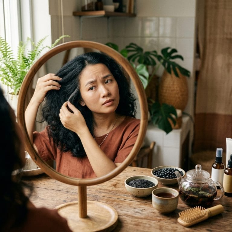 Người phụ nữ trẻ lo lắng khi phát hiện tóc bạc sớm trước gương