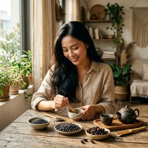 Người phụ nữ chăm sóc tóc tự nhiên bằng trà thảo mộc trong không gian thư giãn