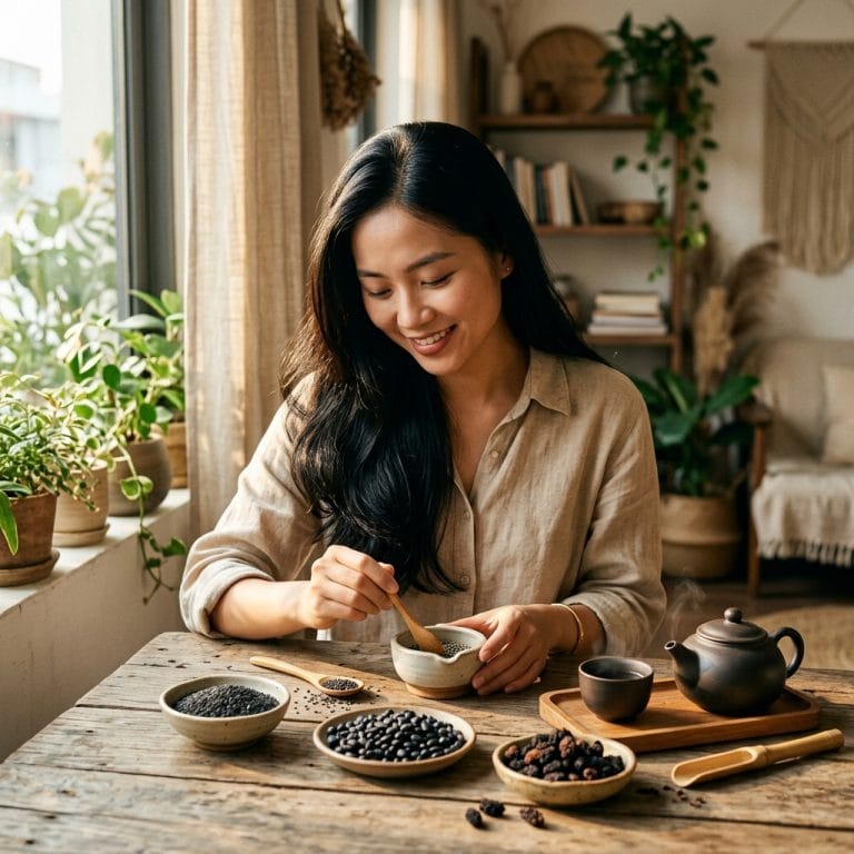 Người phụ nữ chăm sóc tóc tự nhiên bằng trà thảo mộc trong không gian thư giãn