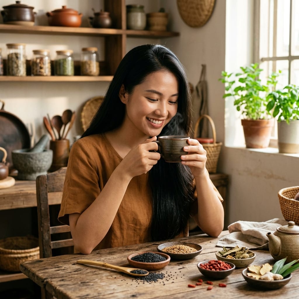 Người phụ nữ tóc đen bóng khỏe đang uống trà mè đen tự nhiên