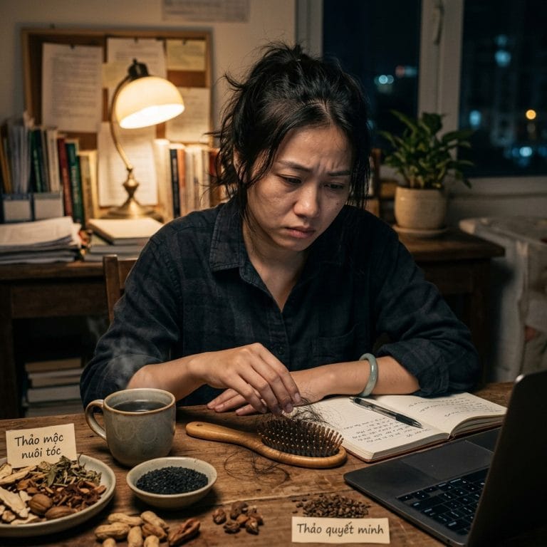 Người phụ nữ căng thẳng lo lắng vì tóc rụng nhiều sau thời gian stress