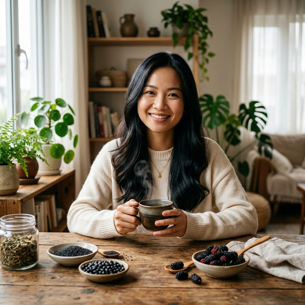 Người phụ nữ tóc bóng khỏe đang uống trà ngũ hắc hỗ trợ giảm rụng tóc