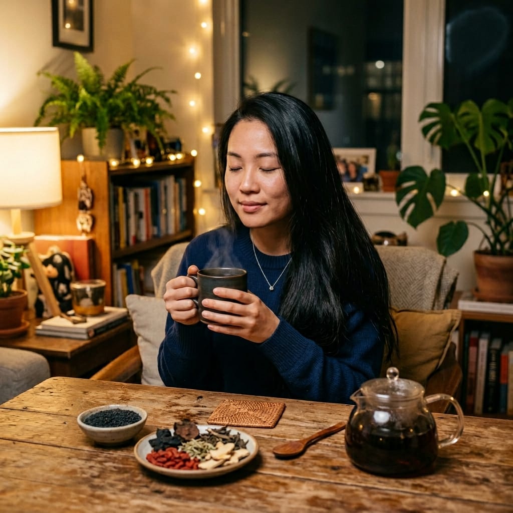 Người phụ nữ thư giãn với trà thảo mộc sau thời gian stress gây rụng tóc