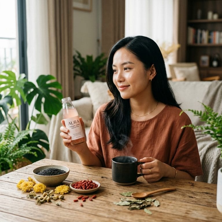 Người phụ nữ phân vân giữa trà ngũ hắc và collagen để chăm sóc tóc