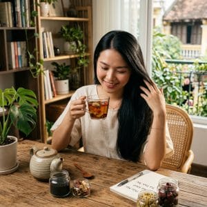 Người phụ nữ tóc bóng khỏe đang uống trà ngũ hắc và mỉm cười hài lòng